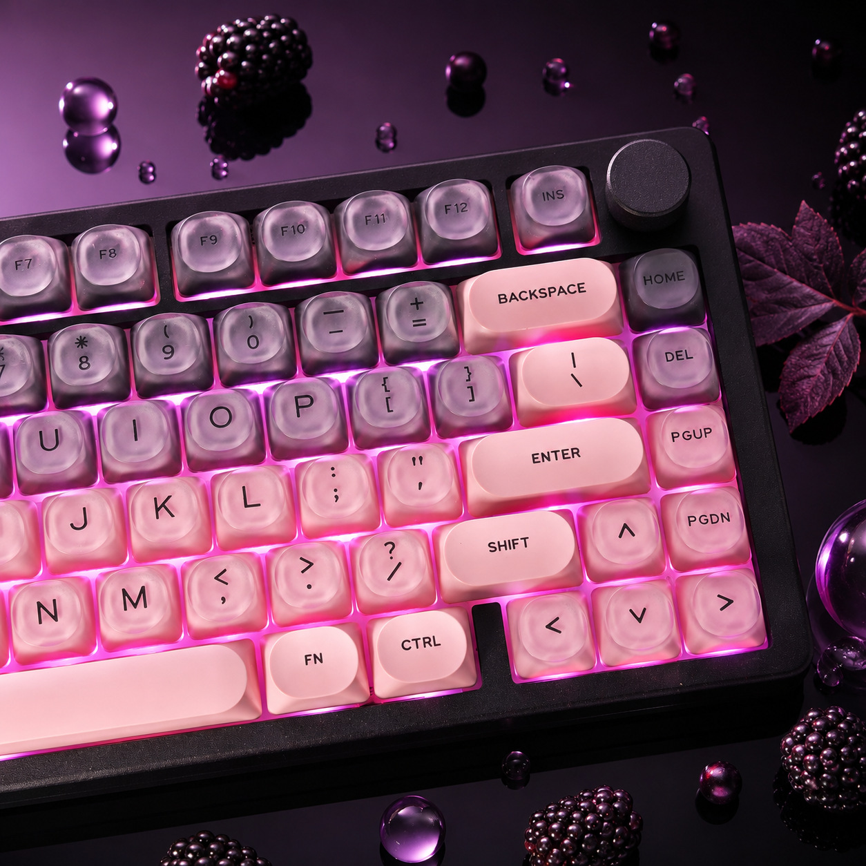 Gaming Accessories Aesthetic - ブラックピンクのグラデーションカラーのクリスタルキーキャップセット。カスタムDIYゲーミングメカニカルキーボード用。PBT製キーキャップセット。61、75、87、96、104、108キーに対応。