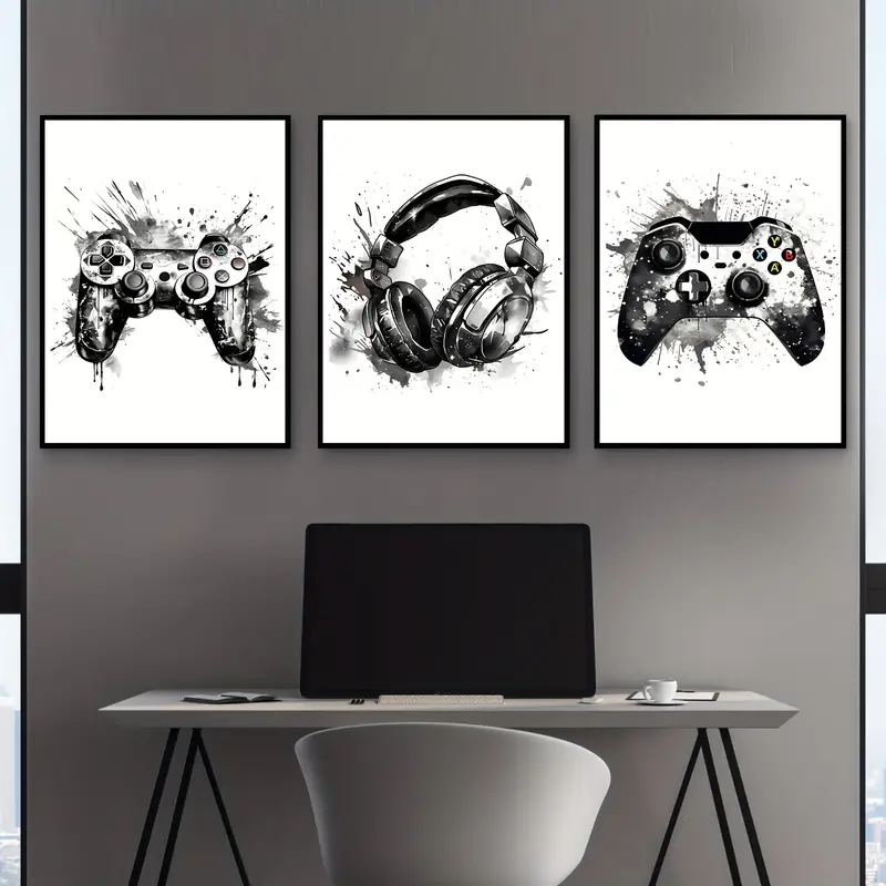 Gaming Accessories For Room - 3枚組フレームレスキャンバス絵画 3枚セット ゲーミンググラフィティ ゲームパッド イヤホン 面白いウォールアート