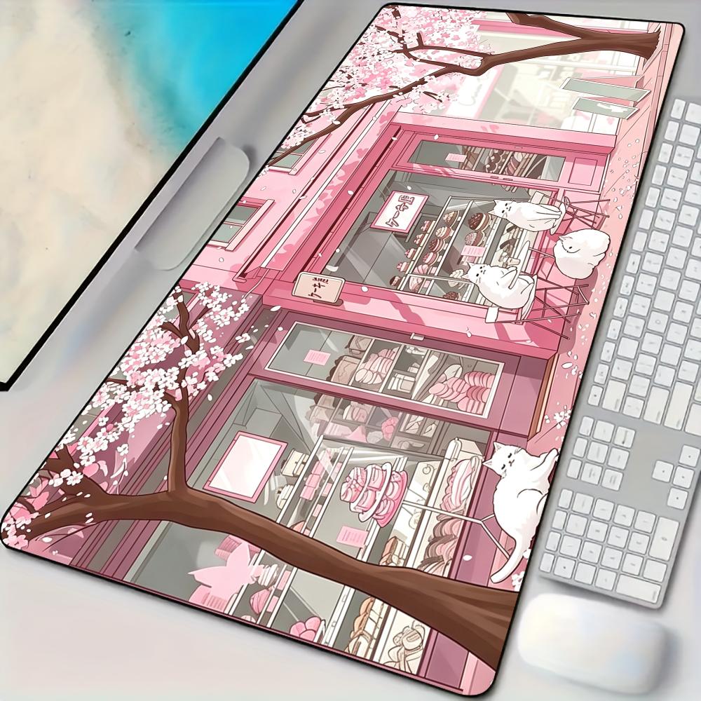 Gaming Accessories Shop - 白い猫とデザートショップのデザインの、大型コンピューター用デスクマット、オフィス用カーペット、XXLサイズのマウスパッド、ゲーマー向け、PC周辺機器、キーボードマット。