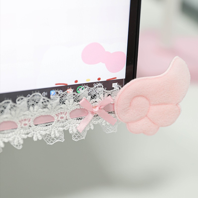 Accessories For Your Gaming Room - かわいいレースモニターフレーム装飾、天使の羽付き、かわいいリボンデスクスクリーン装飾ストリップ、ゲームルームPCモニターアクセサリー用